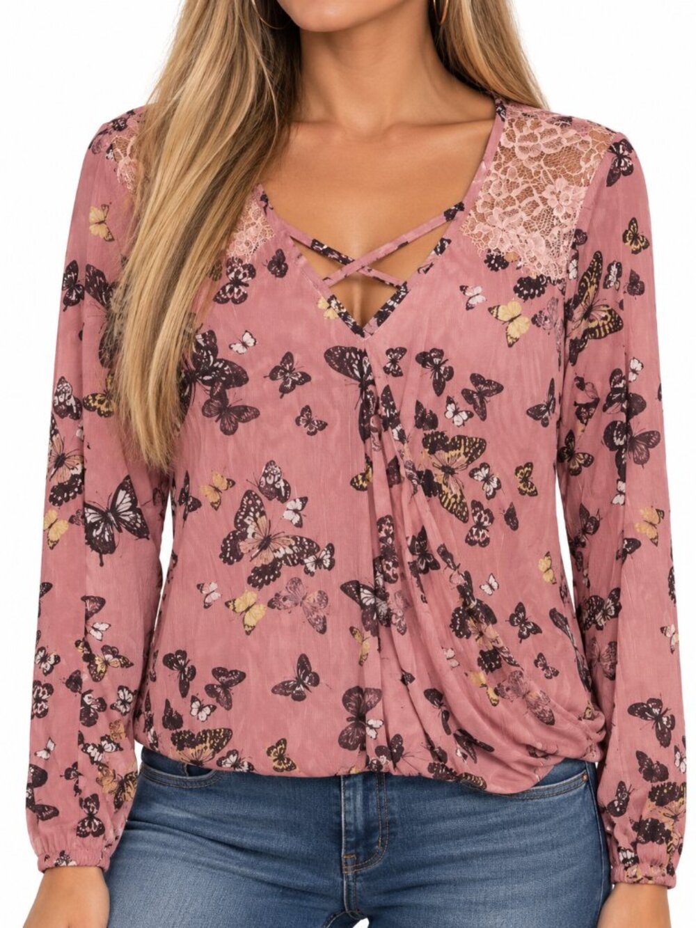 Dusty-Rose Pink Top with Butterflies by love, Fire